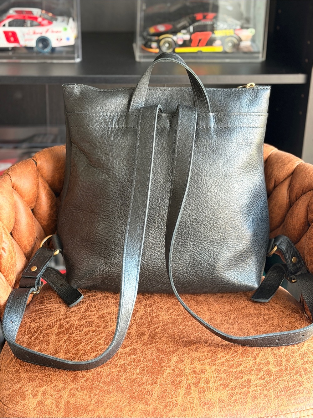 Portland Leather Pebbled Black Tote Backpack - Picture 2 of 8
